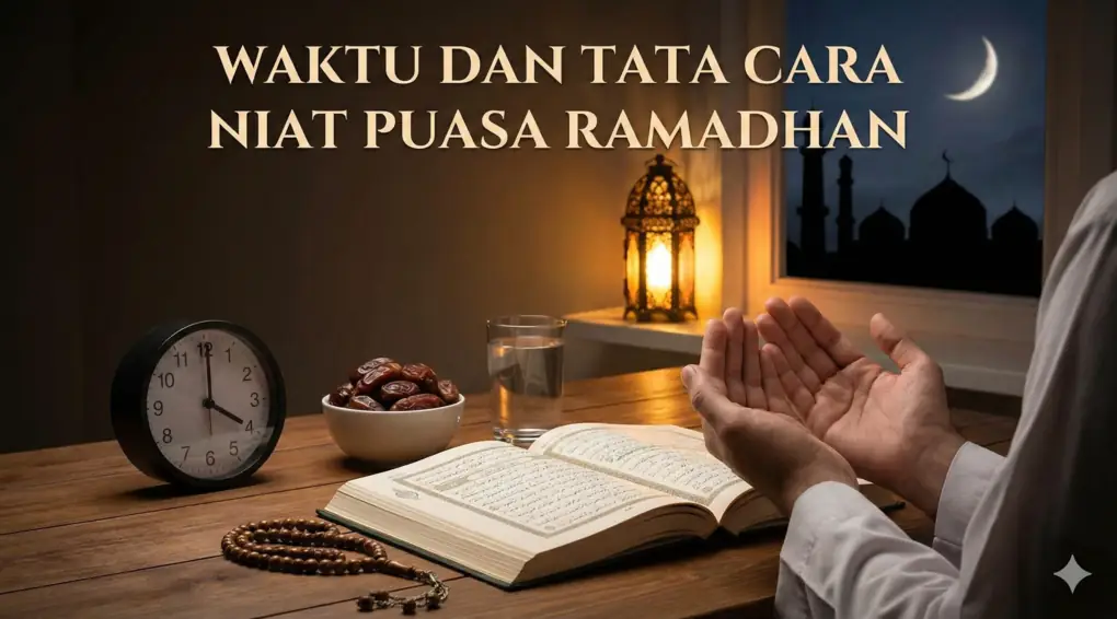 Ilustrasi seseorang berdoa dengan tangan menengadah di depan kitab suci pada waktu sebelum subuh, dengan jam menunjukkan pukul 04:00, kurma, dan air putih. Teks judul di atasnya berbunyi 'Waktu dan Tata Cara Niat Puasa Ramadhan'.