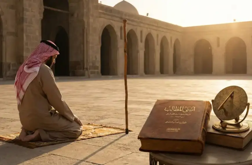 Seorang pria Muslim berpakaian tradisional sedang shalat di halaman masjid kuno saat matahari terbenam, dengan tongkat penunjuk bayangan, kitab kuno bertuliskan "أسنى المطالب" (Asna al-Matalib), dan jam matahari di depannya.