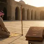 Asr Prayer Time Guide: Shafi'i Fiqh Explanation (Asna al-Matalib) A Muslim man in traditional attire is performing the ṣalāh in the courtyard of an ancient mosque at sunset, with a shadow-indicating staff, an ancient book inscribed with " أسنى المطالب " (Asna al-Matalib), and a sundial before him.
