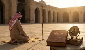 Home 3 A Muslim man in traditional attire is performing the ṣalāh in the courtyard of an ancient mosque at sunset, with a shadow-indicating staff, an ancient book inscribed with " أسنى المطالب " (Asna al-Matalib), and a sundial before him.