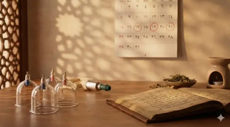 Home 1 A warm-toned photo depicts cupping (hijamah) therapy equipment, consisting of a cupping cup and a pump, on a wooden table, next to an open antique book inscribed in Arabic script. In the background is a wall calendar with the Hijri dates 17, 19, and 21 circled in red, along with a bowl of dried herbs.