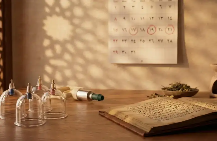 Home 43 Foto bernuansa hangat yang menampilkan peralatan terapi bekam (hijamah) berupa gelas kop dan pompa di atas meja kayu, di samping buku antik terbuka bertuliskan aksara Arab. Di latar belakang, terdapat kalender dinding yang melingkari tanggal Hijriah 17, 19, dan 21 dengan warna merah, serta mangkuk berisi herbal kering.