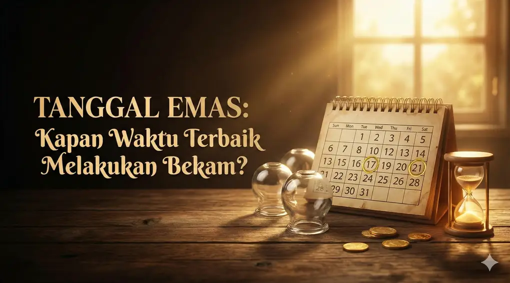 Waktu Terbaik dan Larangan Bekam: Mengupas Mitos Hari Selasa, Rabu, dan Tanggal Sunnah 2 Gambar ilustrasi dengan teks judul besar 'TANGGAL EMAS: Kapan Waktu Terbaik Melakukan Bekam?'. Menampilkan kalender meja dengan tanggal 17, 19, dan 21 dilingkari warna emas, tiga gelas alat bekam, jam pasir, dan koin emas di atas meja kayu dengan pencahayaan hangat dari jendela.