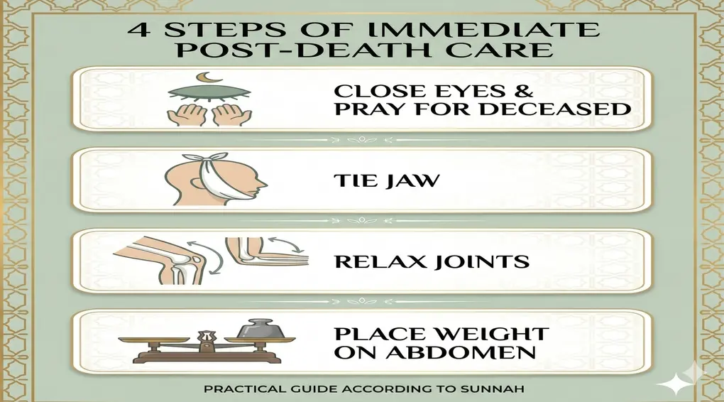 4 Crucial Things to Do Immediately After a Person Dies (First Aid for the Deceased) 5 An infographic with a sage-green background and ornate gold geometric border. At the top, it reads '4 STEPS OF IMMEDIATE POST-DEATH CARE'. It lists four actions in decorative panels: 1. Close eyes & pray for deceased (with eyes and praying hands icon); 2. Tie jaw (with tied jaw icon); 3. Relax joints (with bent knee and elbow icon); 4. Place weight on abdomen (with scale and weight icon). A footer reads 'PRACTICAL GUIDE ACCORDING TO SUNNAH'.