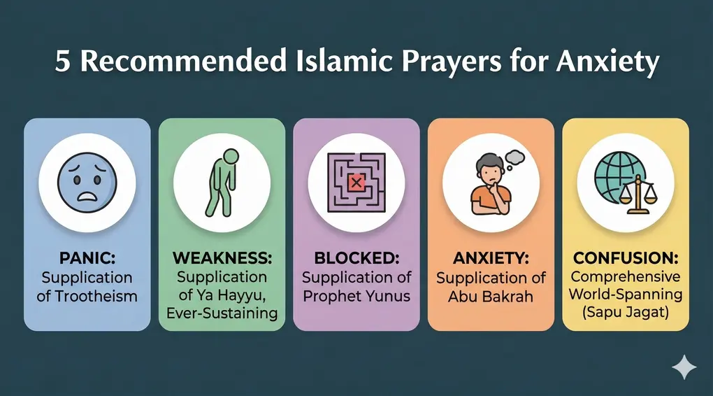Complete Collection of Duas to Remove Sadness and Life's Hardships (Based on the Sunnah) 4 An infographic titled "5 Recommended Islamic Prayers for Anxiety," illustrating five specific prayers to address various types of distress. It includes icons for a panicked face, an exhausted person, a red 'X' in a maze, a worried/anxious person, and scales with a globe, along with corresponding English text explaining each prayer and its purpose in Islamic practice.