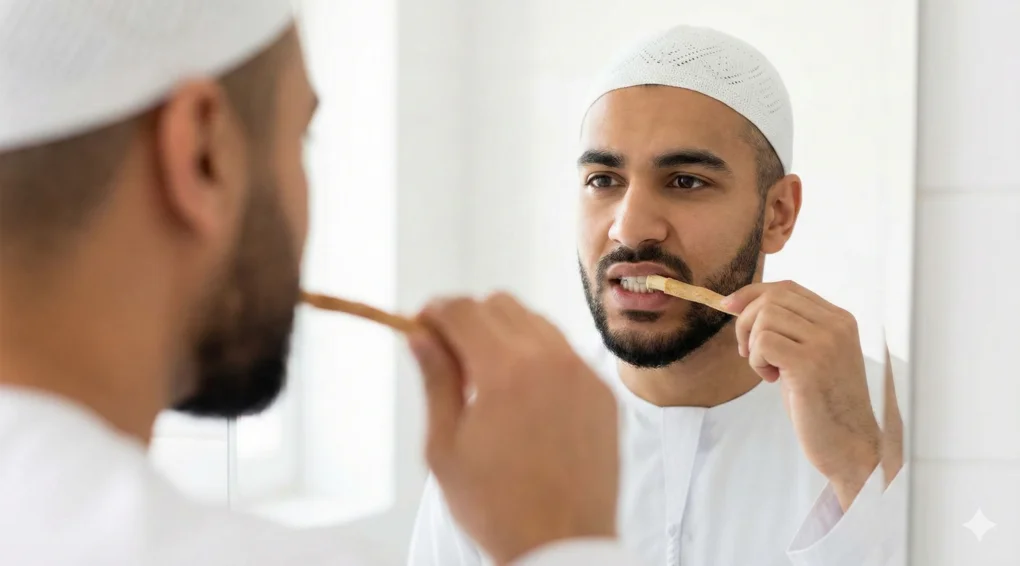 Things That Invalidate Fasting: A Comprehensive Guide (Asna al-Matalib) 4 A Muslim man toothbrushing in front of a mirror in the bathroom with miswak
