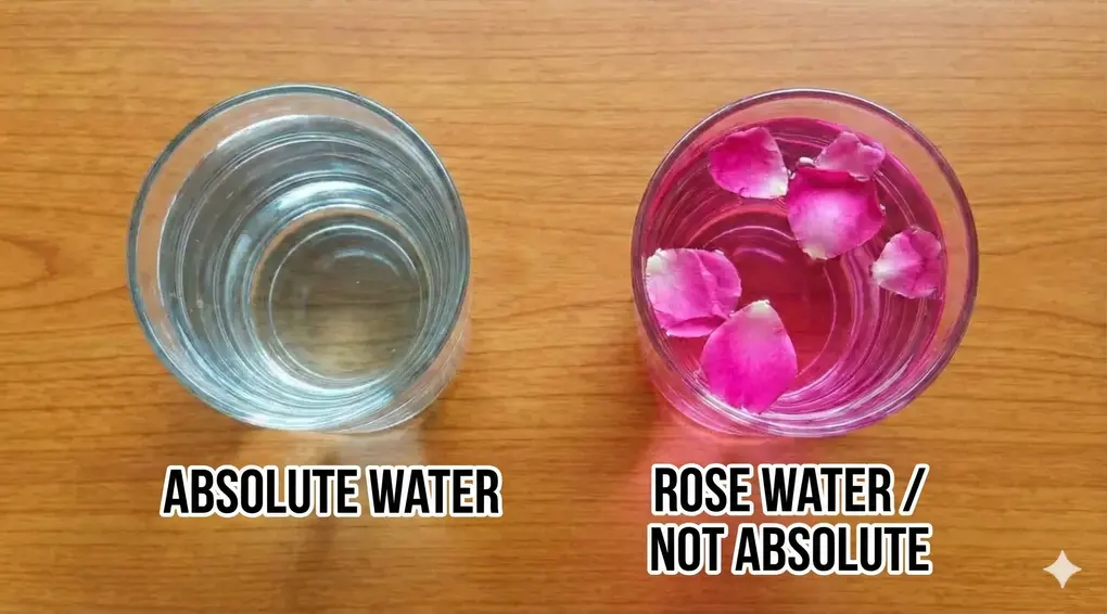 The Essence of Mutlaq Water: Why Only Water Can Purify in Islam? 2 Top-down comparison of two glasses of water on a wooden surface. The left glass contains clear water and is labeled 'ABSOLUTE WATER'. The right glass contains pink-tinted water with floating rose petals and is labeled 'ROSE WATER / NOT ABSOLUTE'.