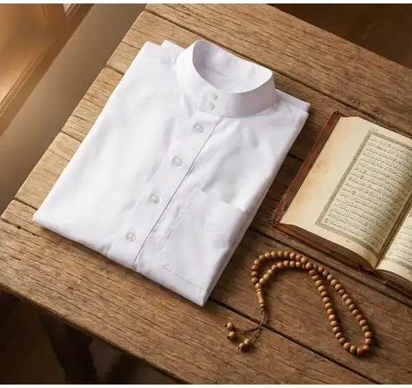 Foto flat lay baju koko putih terlipat rapi di samping tasbih kayu dan buku kitab terbuka di atas meja kayu, berlatar cahaya alami. Ilustrasi adab berpakaian Islami.