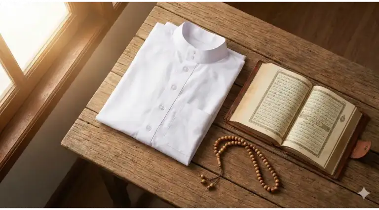 Home 1 A flat lay photo of a neatly folded white *baju koko* beside wooden prayer beads and an open religious book on a wooden table, illuminated by natural light—illustrating Islamic etiquette in dressing.