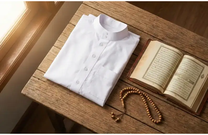 Foto flat lay baju koko putih terlipat rapi di samping tasbih kayu dan buku kitab terbuka di atas meja kayu, berlatar cahaya alami. Ilustrasi adab berpakaian Islami.