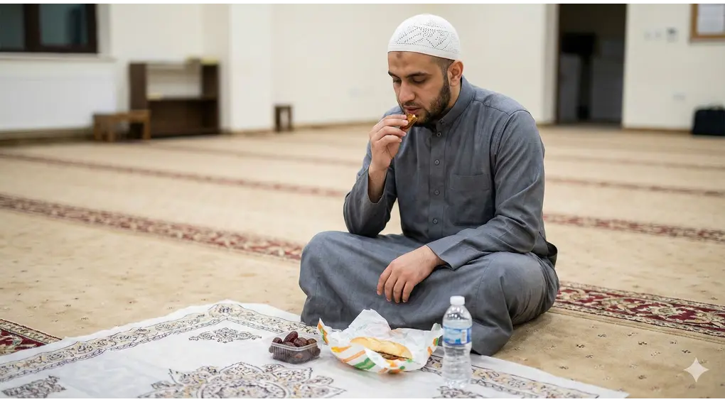 Adab I'tikaf: Hal-Hal yang Diperbolehkan dan Dimakruhkan di Masjid 2 Seorang pria Muslim duduk di lantai masjid sedang makan dengan tenang menggunakan alas makan lebar (sufrah) di depannya untuk menjaga kebersihan karpet, mencontohkan adab i'tikaf yang baik.