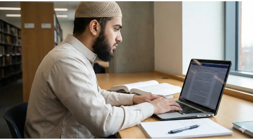 Etika Menghadap Guru: Rahasia Jibril Menempelkan Lutut (Kajian Adab) 3 Seorang penuntut ilmu di era modern yang belajar dengan fokus tinggi dan postur tubuh yang beradab, meneladani esensi adab Jibril.