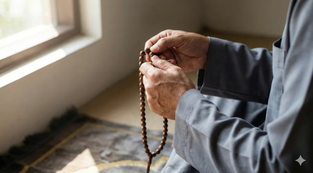 Dzikir & Doa Puasa Ramadhan Terlengkap (Kitab Al-Adzkar An-Nawawi) 3 Tangan seorang Muslim yang sedang memegang tasbih kayu untuk berdzikir saat menjalankan ibadah puasa.