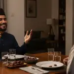 A Muslim guest praying for the host's well-being after finishing a communal iftar in a warm atmosphere.