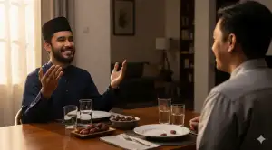 A Muslim guest praying for the host's well-being after finishing a communal iftar in a warm atmosphere.