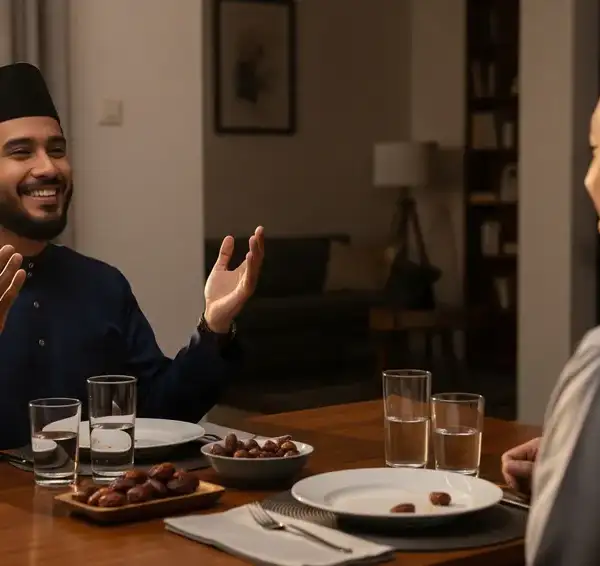 Home 3 A Muslim guest praying for the host's well-being after finishing a communal iftar in a warm atmosphere.