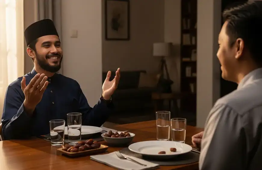 Home 1 A Muslim guest praying for the host's well-being after finishing a communal iftar in a warm atmosphere.