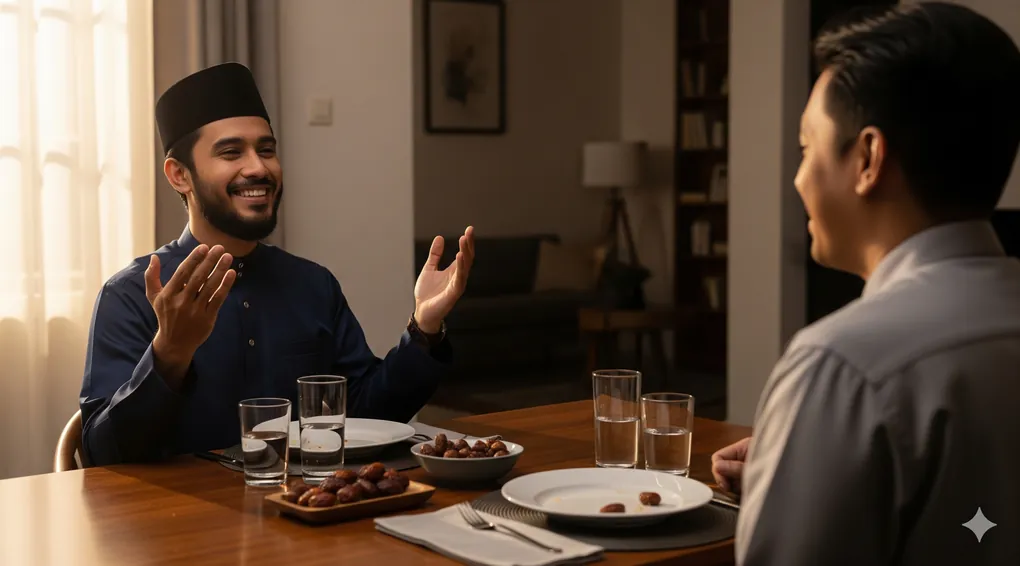 Adab Buka Bersama: Doa untuk Tuan Rumah Buka Puasa (Kajian Al-Adzkar) 1 A Muslim guest praying for the host's well-being after finishing a communal iftar in a warm atmosphere.
