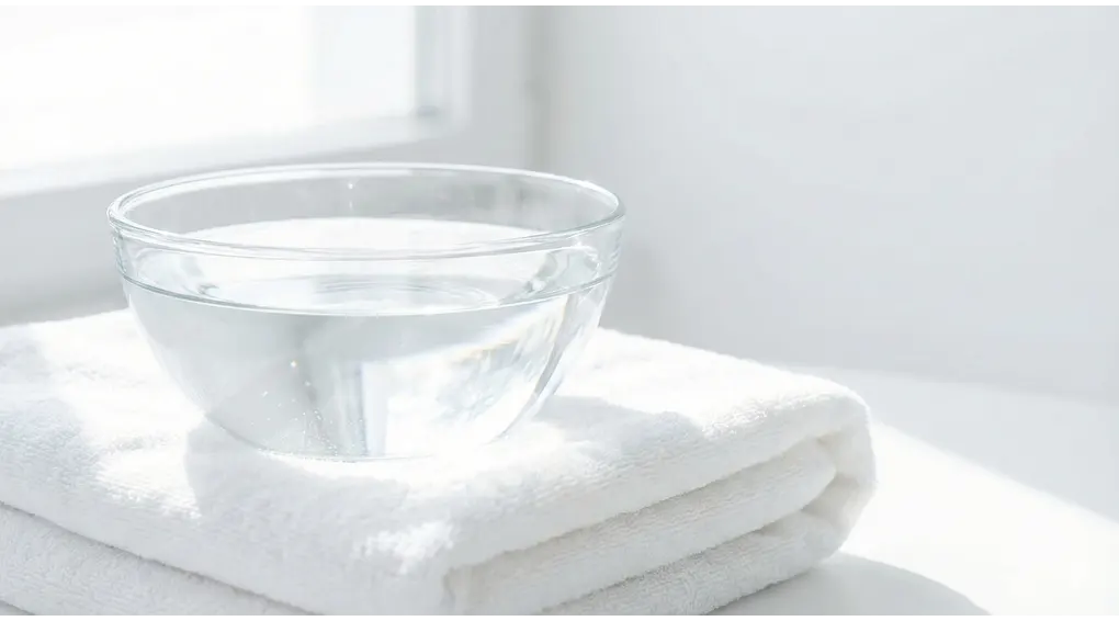 Rukun, Syarat, dan Tata Cara Mandi Wajib Sesuai Fikih Syafi'i (Kaifiyah al-Ghusl) 2 Mangkuk kaca berisi air yang sangat jernih diletakkan di atas handuk putih bersih, disinari cahaya matahari yang terang.