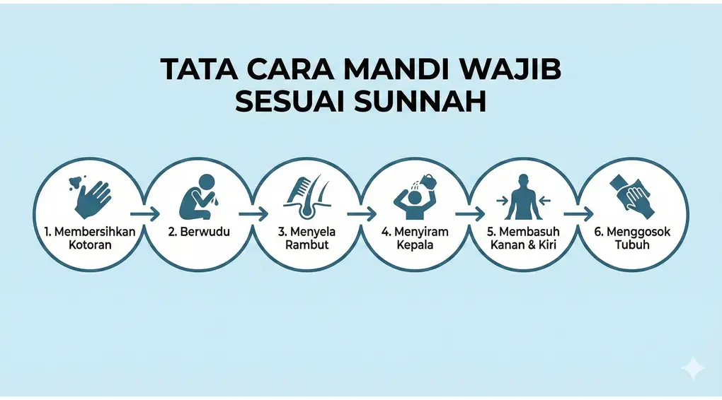 Panduan Lengkap Mandi Wajib (Junub): Niat, Tata Cara, dan Penyebabnya Menurut Madzhab Syafi'i 3 Diagram alur enam langkah tata cara mandi wajib sesuai sunnah: Membersihkan kotoran, Berwudu, Menyela rambut, Menyiram kepala, Membasuh kanan & kiri, dan Menggosok tubuh.