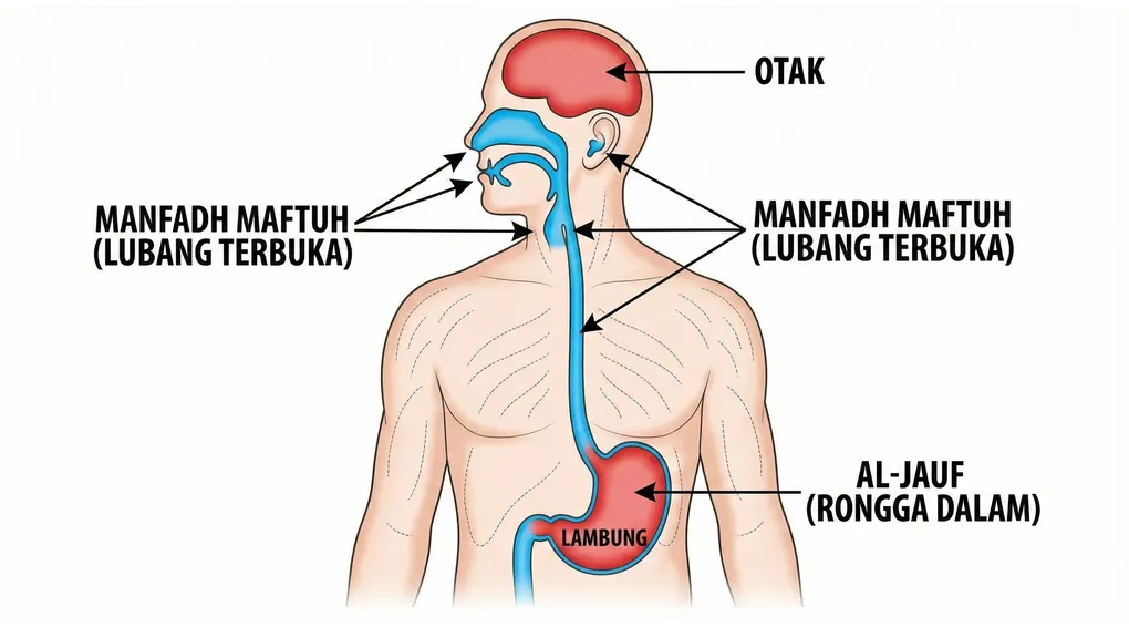 Analisis Fiqih: Kaidah Masuknya Benda (Al-'Ain) ke Rongga Tubuh Saat Berpuasa 2 Diagram anatomi medis kepala dan batang tubuh manusia yang mengilustrasikan konsep 'Al-Jauf' (Rongga Dalam seperti otak dan lambung, berwarna merah) dan 'Manfadh Maftuh' (Lubang Terbuka seperti mulut dan hidung, berwarna biru) untuk aturan puasa Islam.