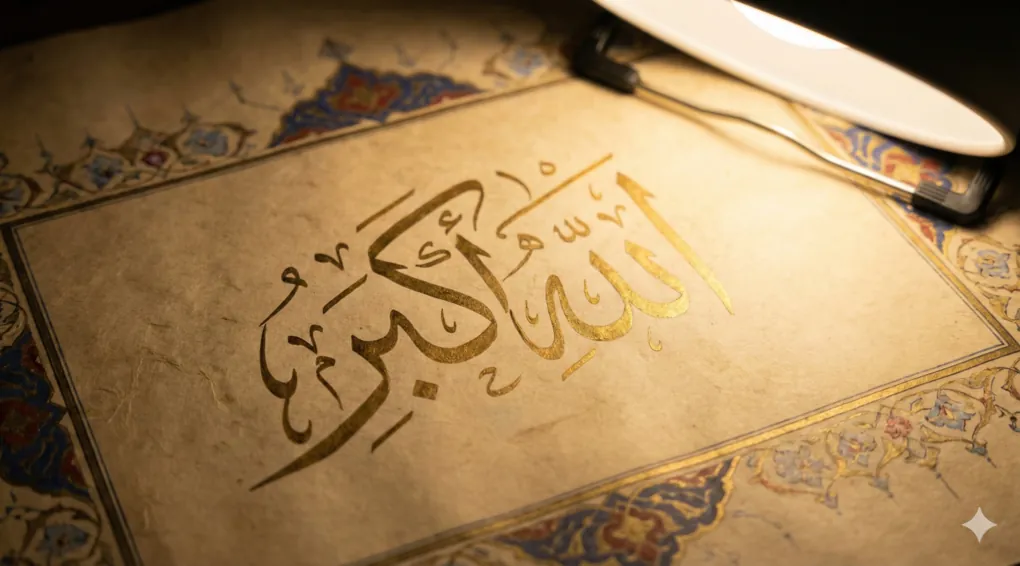 A Complete Guide to Takbiratul Ihram in Shafi'i Fiqh: Meaning, Pronunciation, and 17 Essential Conditions 2 A close-up photograph of traditional Arabic calligraphy art spelling "Allahu Akbar" in gold ink on textured ancient parchment paper under a lamp light.