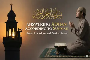 Home 19 Illustration showing a Muslim responding to the adhan while a muezzin calls from a mosque minaret.