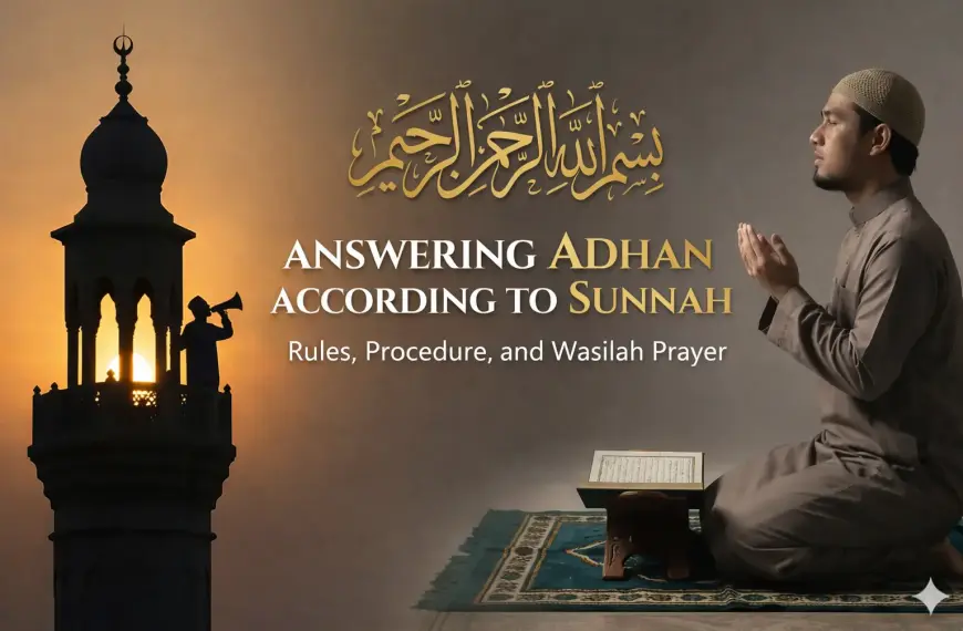 Illustration showing a Muslim responding to the adhan while a muezzin calls from a mosque minaret.