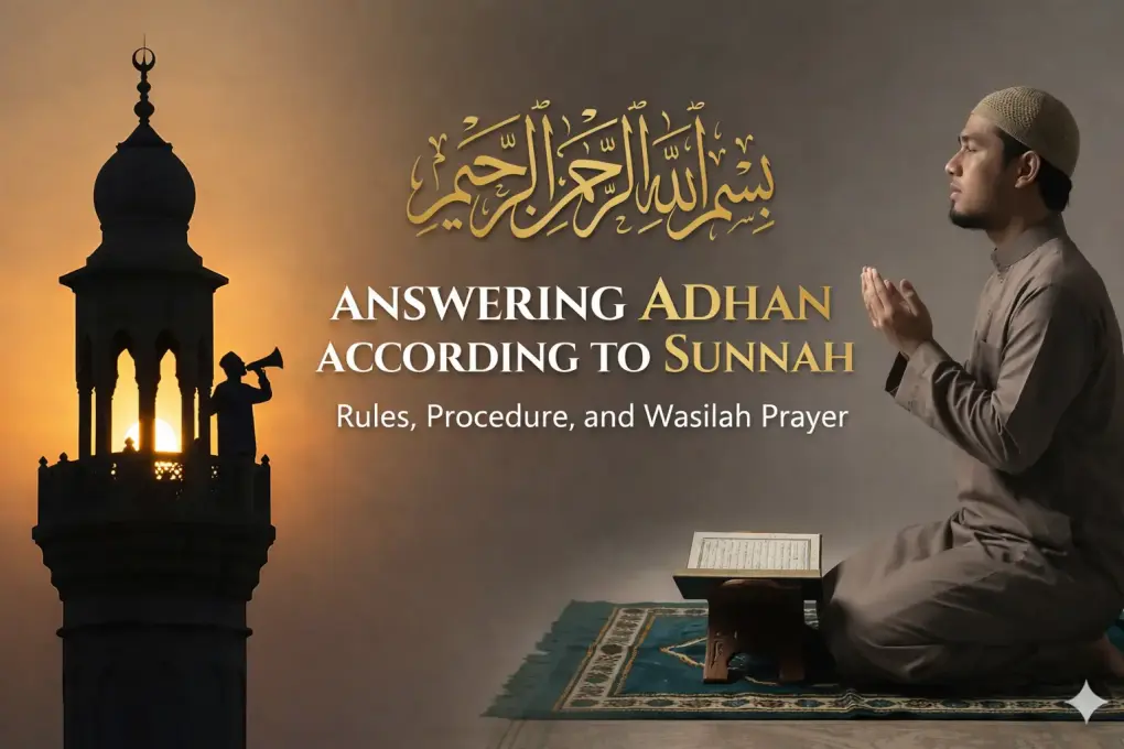 Illustration showing a Muslim responding to the adhan while a muezzin calls from a mosque minaret.