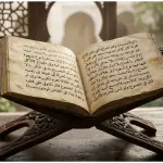 The Jurisprudential Ruling on Masturbation While Fasting and Limits of Physical Contact An open antique Arabic fiqh manuscript resting on a wooden rehal stand, positioned in front of a mashrabiya patterned window with natural daylight. Classic calligraphy fills the pages.