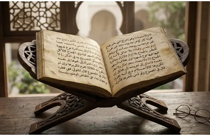 An open antique Arabic fiqh manuscript resting on a wooden rehal stand, positioned in front of a mashrabiya patterned window with natural daylight. Classic calligraphy fills the pages.