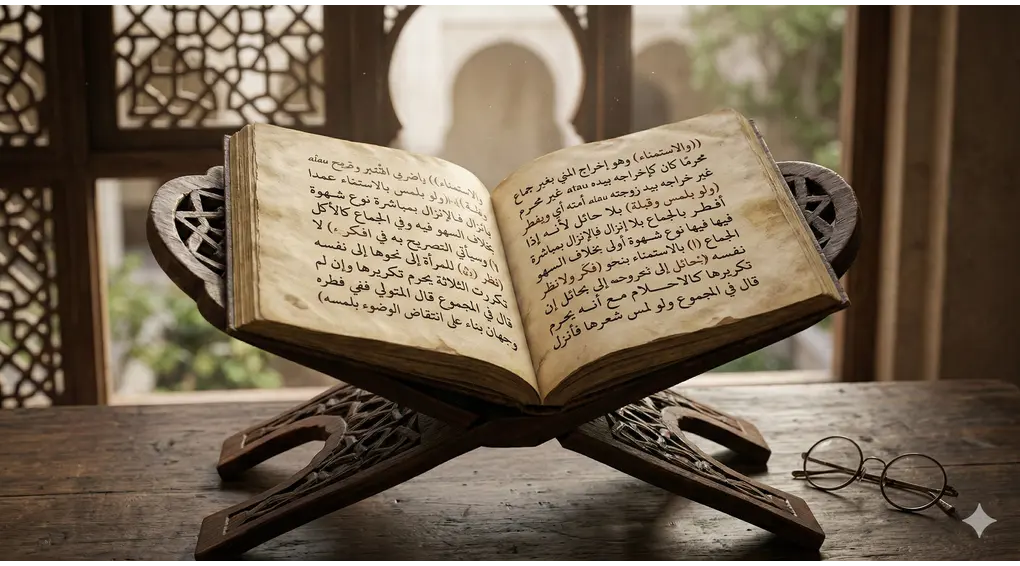 An open antique Arabic fiqh manuscript resting on a wooden rehal stand, positioned in front of a mashrabiya patterned window with natural daylight. Classic calligraphy fills the pages.