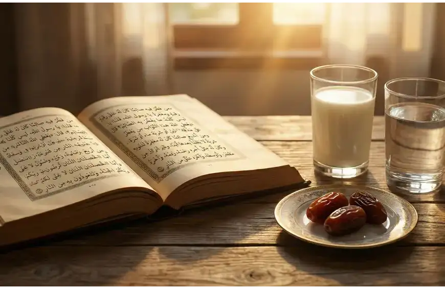 Home 7 An open antique Islamic manuscript next to a glass of milk, a glass of water, and three dates on a wooden table at sunset.