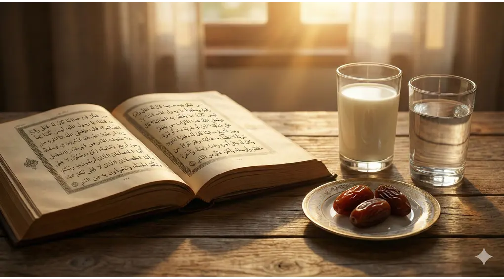 The Immense Reward of Providing Iftar: Liberation from Hellfire & Special Supplications 1 An open antique Islamic manuscript next to a glass of milk, a glass of water, and three dates on a wooden table at sunset.