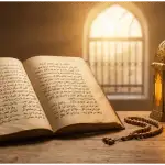 A warm still life photograph of an open antique Islamic manuscript (kitab kuning) on a wooden table, beside a glowing traditional fanous Ramadan lantern, prayer beads, and dates. Golden hour light streams through an arched window.