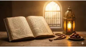 Home 31 A warm still life photograph of an open antique Islamic manuscript (kitab kuning) on a wooden table, beside a glowing traditional fanous Ramadan lantern, prayer beads, and dates. Golden hour light streams through an arched window.
