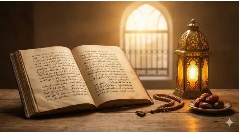 Shafi'i School of Jurisprudence: The Complete Guide to Islamic Law, Prayers, and Tasawuf 1 A warm still life photograph of an open antique Islamic manuscript (kitab kuning) on a wooden table, beside a glowing traditional fanous Ramadan lantern, prayer beads, and dates. Golden hour light streams through an arched window.