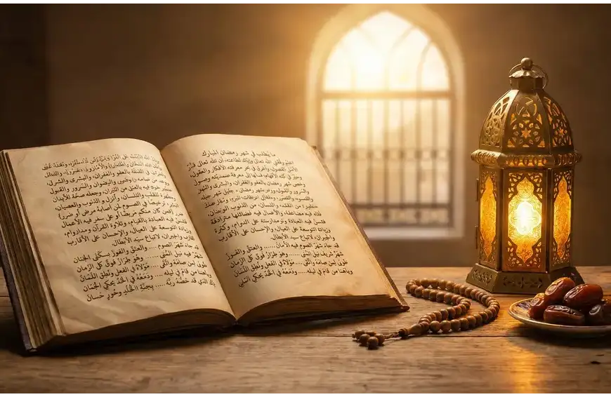 Home 11 A warm still life photograph of an open antique Islamic manuscript (kitab kuning) on a wooden table, beside a glowing traditional fanous Ramadan lantern, prayer beads, and dates. Golden hour light streams through an arched window.