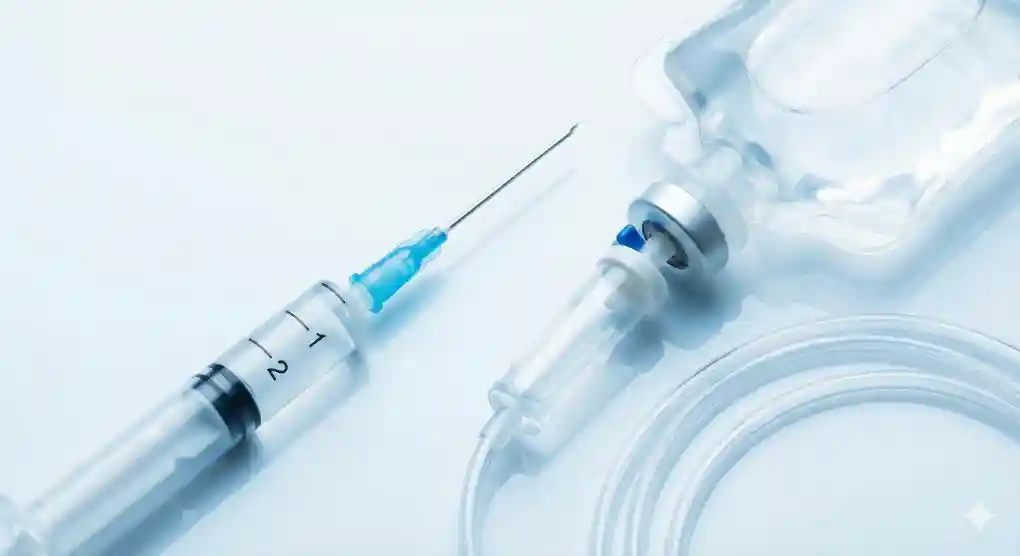 Apakah Suntik, Infus, dan Obat Tetes Membatalkan Puasa? Bedah Tuntas Kaidah Masuknya Benda ke Rongga Tubuh 2 Close-up jarum suntik medis dan kantong infus dengan selang pada latar belakang yang bersih dan steril.