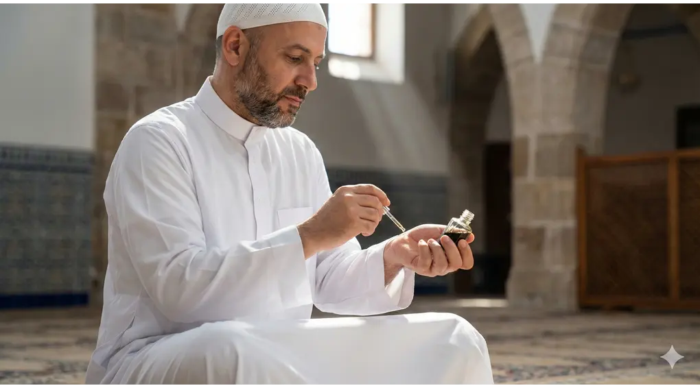 A Muslim man applying traditional attar perfume during I'tikaf, following the Sunnah of personal grooming in the mosque.
