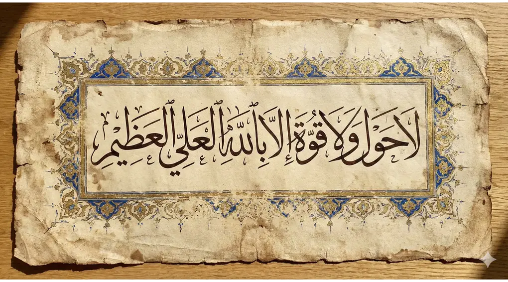 Ornate Islamic calligraphy of the phrase La haula wala quwwata illa billahil 'aliyyil 'adzim written in a traditional flowing script on aged parchment paper with golden borders.