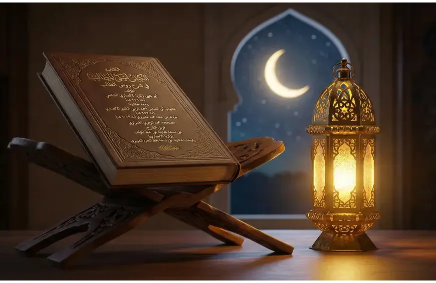 The closed Asna al-Matalib book on a rehal next to a lit fanoos lantern, against a backdrop of a crescent moon and night sky, symbolizing the night intention for fasting.