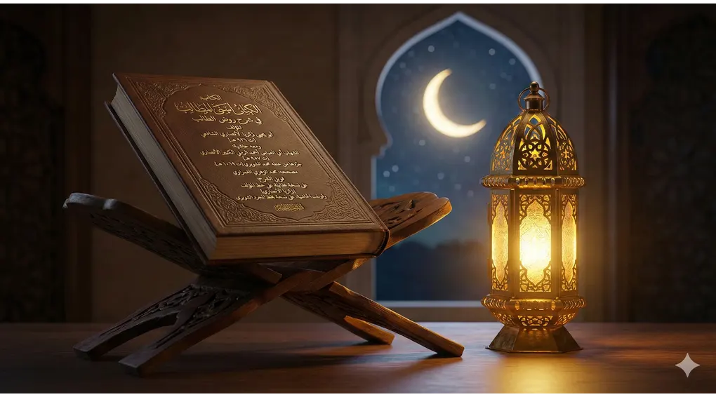 The closed Asna al-Matalib book on a rehal next to a lit fanoos lantern, against a backdrop of a crescent moon and night sky, symbolizing the night intention for fasting.