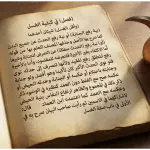 An open antique Arabic manuscript discussing Ghusl pillars next to a traditional copper pitcher and a bowl of clear water on a wooden table.