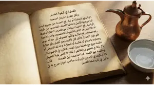 Home 23 An open antique Arabic manuscript discussing Ghusl pillars next to a traditional copper pitcher and a bowl of clear water on a wooden table.