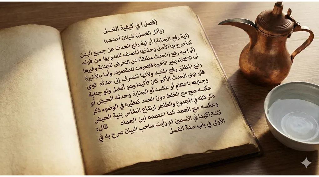 The Mandatory Pillars of Ghusl: 2 Obligatory Conditions in Shafi'i Fiqh 1 An open antique Arabic manuscript discussing Ghusl pillars next to a traditional copper pitcher and a bowl of clear water on a wooden table.