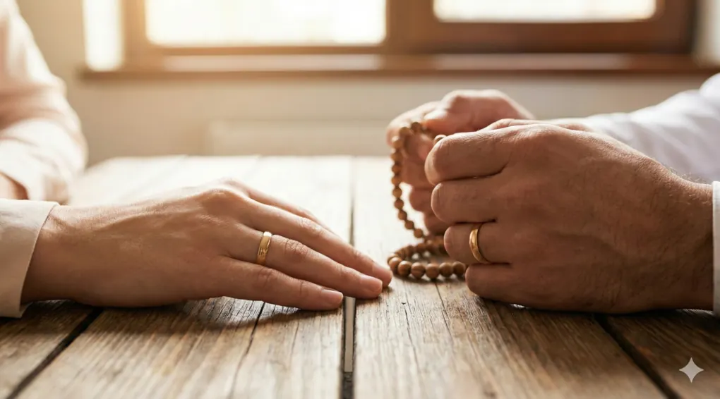 Hukum Onani Saat Puasa dan Batasan Sentuhan Fisik Menurut Fiqih 3 Close-up tangan pasangan suami istri dengan cincin nikah dan tasbih di atas meja, ilustrasi menjaga jarak aman dan adab saat berpuasa.