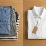 Foto perbandingan tumpukan pakaian sehari-hari yang sudah terpakai di sebelah kiri dan kemeja putih baru dengan label dan tasbih di sebelah kanan, ilustrasi artikel doa berpakaian.