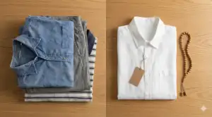 Home 29 Foto perbandingan tumpukan pakaian sehari-hari yang sudah terpakai di sebelah kiri dan kemeja putih baru dengan label dan tasbih di sebelah kanan, ilustrasi artikel doa berpakaian.