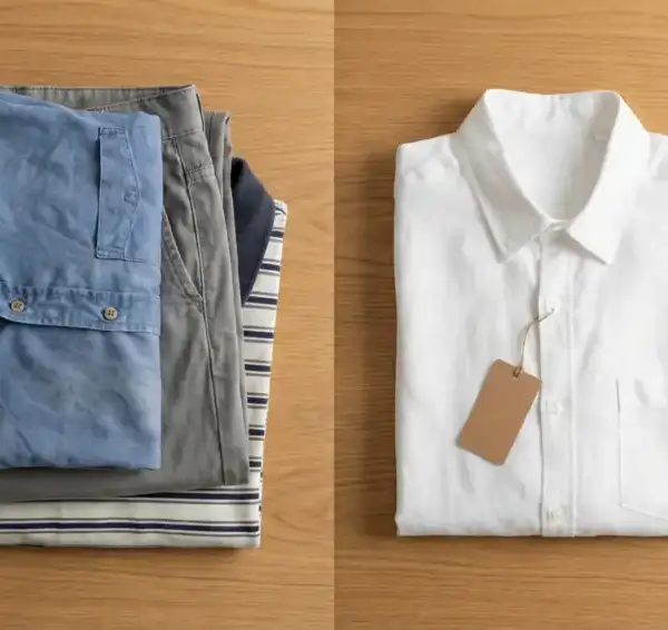 Home 3 Foto perbandingan tumpukan pakaian sehari-hari yang sudah terpakai di sebelah kiri dan kemeja putih baru dengan label dan tasbih di sebelah kanan, ilustrasi artikel doa berpakaian.